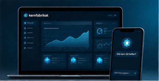 Die kernfabrikat-Plattform auf Laptop und Smartphone: Dashboard mit Projekten, Aufgaben und Auswertungen.